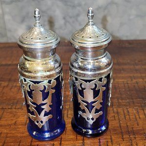 Vintage Cobalt Blue Glass and Metal Salt and Pepper Shakers, Made in Japan